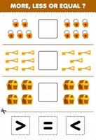 Education game for children count more less or equal of cartoon padlock key chest then cut and glue the correct sign pirate worksheet vector