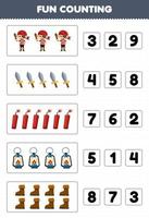 Education game for children fun counting and choosing the correct number of cute cartoon boy sword dynamite lantern boot printable pirate worksheet vector