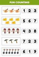 Education game for children fun counting and choosing the correct number of cute cartoon treasure map gold boy pickaxe shovel printable pirate worksheet vector