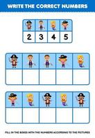 Education game for children write the right numbers in the box according to the cute man captain mermaid on the table printable pirate worksheet vector