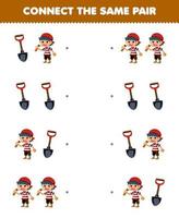 Education game for children connect the same picture of cute cartoon boy and shovel pair printable pirate worksheet vector