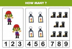 Education game for children counting how many cute cartoon man lantern and boot printable pirate worksheet vector