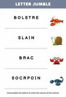 Education game for children letter jumble write the correct name for cute cartoon lobster snail crab scorpion printable animal worksheet vector