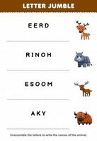 Education game for children letter jumble write the correct name for cute cartoon deer rhino moose yak printable animal worksheet vector