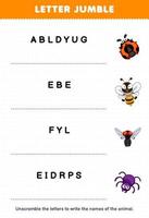 educación juego para niños letra revoltijo escribir el correcto nombre para linda dibujos animados mariquita abeja mosca araña imprimible animal hoja de cálculo vector