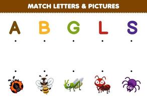 Education game for children match letters and pictures of cute cartoon ladybug bee grasshopper ant spider printable animal worksheet vector