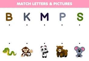 Education game for children match letters and pictures of cute cartoon snake monkey panda bear koala printable animal worksheet vector