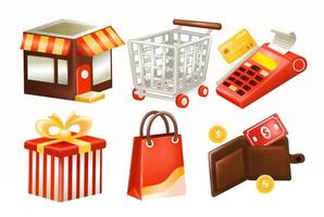 Shopping. 3d vector store, troly, billing machine, gift, shopping bag and wallet