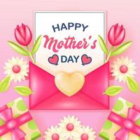 Happy mother's day, 3d vector of envelope and letter with flower ornament
