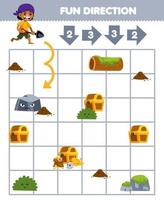 Education game for children fun direction help the boy carrying shovel move according to the numbers on the arrows printable pirate worksheet vector