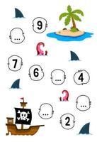 Education game for complete the sequence of number with cute cartoon ship around the island picture printable pirate worksheet vector