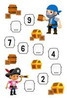 Education game for complete the sequence of number with cute cartoon boy and old man around the barrels picture printable pirate worksheet vector