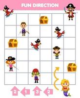 Education game for children fun direction help mermaid move according to the numbers on the arrows printable pirate worksheet vector