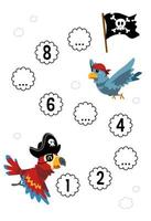 Education game for complete the sequence of number with cute cartoon parrot dove and flag picture printable pirate worksheet vector