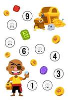 Education game for complete the sequence of number with cute cartoon bald man around the gem and gold coin picture printable pirate worksheet vector