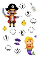 Education game for complete the sequence of number with cute cartoon captain and mermaid picture printable pirate worksheet vector