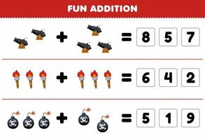Education game for children fun addition by guess the correct number of cute cartoon canon torch and bomb printable pirate worksheet vector