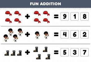 Education game for children fun addition by guess the correct number of cute cartoon bandana boy and boot printable pirate worksheet vector