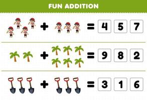 educación juego para niños divertido adición por adivinar el correcto número de linda dibujos animados chico árbol y pala imprimible pirata hoja de cálculo vector