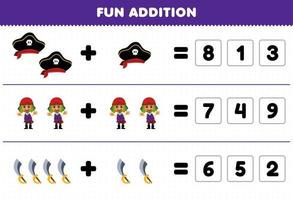 educación juego para niños divertido adición por adivinar el correcto número de linda dibujos animados sombrero hombre y espada imprimible pirata hoja de cálculo vector