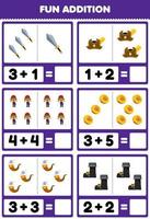 Education game for children fun addition by counting and sum of cute cartoon sword hat man coin pipe boot printable pirate worksheet vector