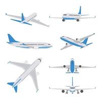 Passenger aircraft in different views. Set of airplane in flat style vector