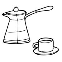 Coffee set. a cup and a coffee pot with sugar and a spoon on a saucer. Coffee shop illustration banner poster business card. vector