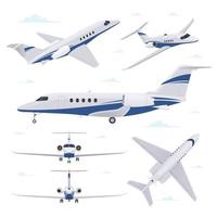 Private jet in different point of view. Airplane in top, side, front and back view vector