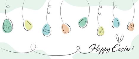 Easter holiday banner with hanging colored and decorated eggs and text with cute rabbit ears, invitation, greeting card. vector