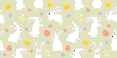 Easter Holiday Seamless pattern with rabbits, decorated eggs and flowers, wrapping paper, print, textile pattern. vector