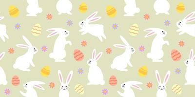 Easter Holiday Seamless pattern with rabbits, decorated eggs and flowers, wrapping paper, print, textile pattern. vector