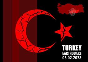 Turkey and Syria earthquake banner with Turkey national emblem cracked. Vector Illustration of the map of Turkey with the place of the earthquake.