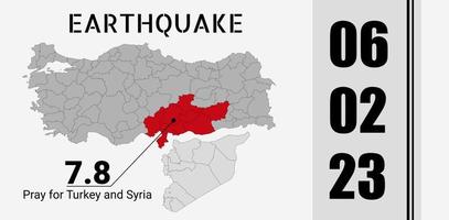 Turkey and Syria earthquake banner with scheme and earthquake red area. Vector Illustration of the map of Turkey with the place of the earthquake.