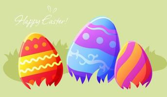 Three colored decorated Easter eggs in the grass, vector Easter illustration, greeting, invitation, bright religious holiday card.