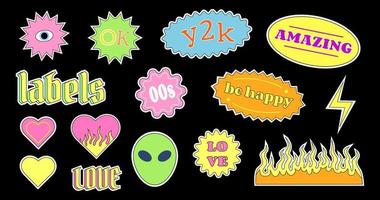 Set of Y2K bright cheerful vector stickers and labels on a black background.