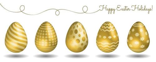 Collection of realistic golden vector Easter decorated eggs, traditional symbol of religious Eater Holiday, group of decorative objects.