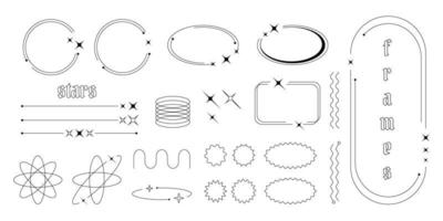 conjunto de y2k frontera línea marcos con estrellas, etiquetas, pegatinas, resumen ondulado y circulo elementos. vector