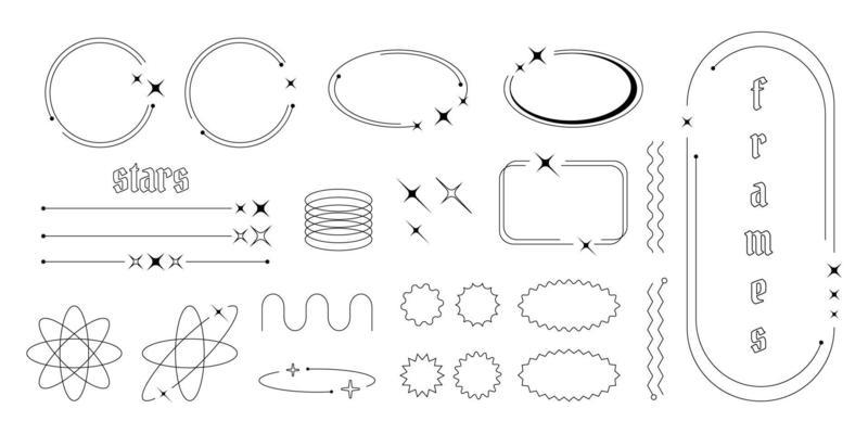 Set of Y2K border line frames with stars, labels, stickers, abstract wavy and circle elements.