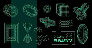 Collection of 12 graphic vector blue y2k abstract elements, wireframes, polygon models, 3d figures and shapes.