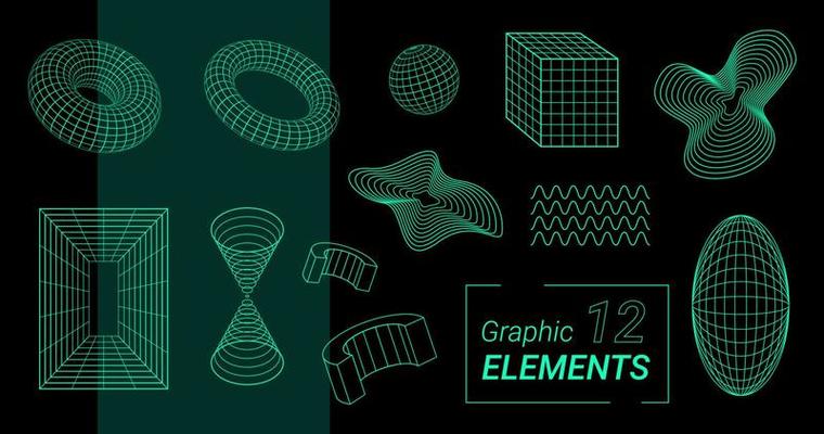 Collection of 12 graphic vector blue y2k abstract elements, wireframes, polygon models, 3d figures and shapes.