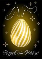 Easter holiday greeting with decorated golden realistic egg, golden stripes and line golden rabbit silhouette, Christianity traditional Holiday invitation, poster, celebration card. vector