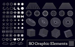 colección de 80 vector y2k retro elementos, emblemas, iconos, símbolos y geométrico formas en estructura metálica vista.