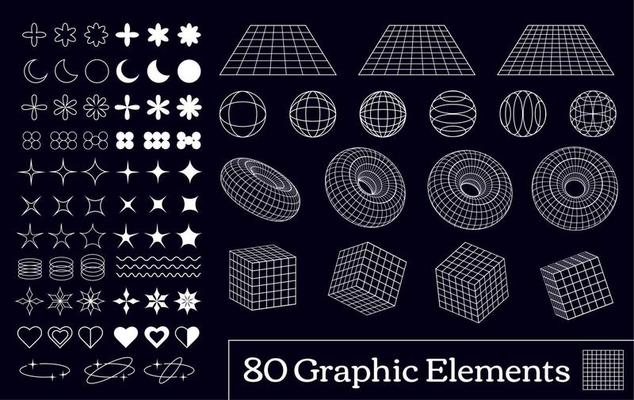 Collection of 80 vector Y2K retro elements, emblems, icons, symbols and geometric forms in wireframe view.