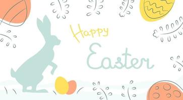 Easter holiday banner with rabbit silhouette, colored and decorated eggs and text lettering, invitation, greeting card. vector