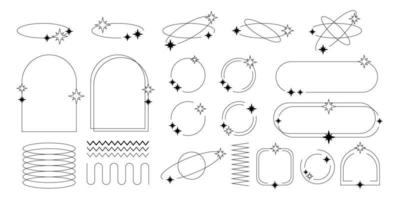 Set of Y2K border line frames with stars, labels, stickers, abstract wavy and circle elements. vector