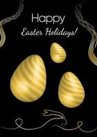 Easter holiday greeting with decorated golden realistic eggs, golden stripes and line golden rabbit silhouette, Christianity traditional Holiday invitation, poster, celebration card. vector