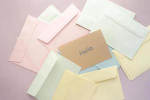 close up of hello text in blue color on a envelope photo