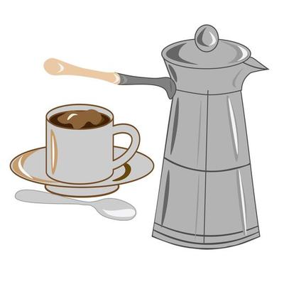 Coffee set. Tea with lemon cup and coffee pot with sugar and a spoon on a saucer. Coffee shop illustration banner poster business card.