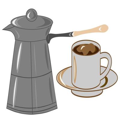 Coffee set. Tea with lemon cup and coffee pot with sugar and a spoon on a saucer. Coffee shop illustration banner poster business card.
