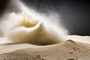 Heap of splashing flour on black background, studio shot and marketing presentation. photo